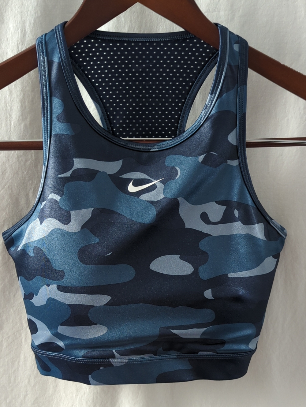 Nike Dri-FIT Swoosh High Neck Camo Sports Bra L Large Blue Camouflage Metallic